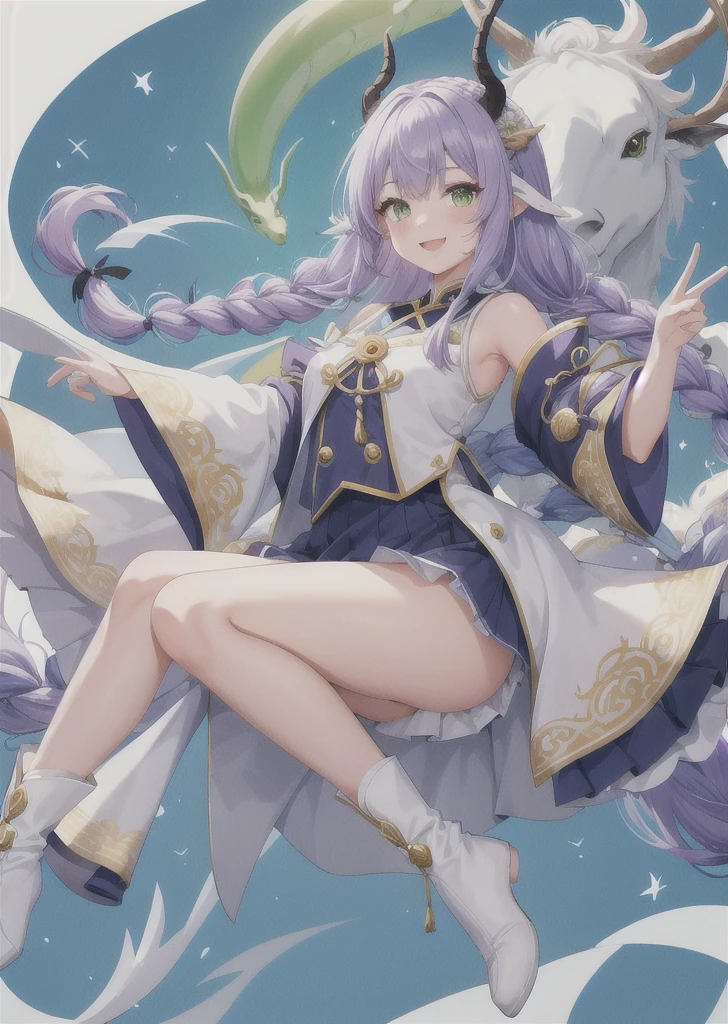 One girl, White Deer \(Serious Star Rail\), Wool skirt, smile, Purple Hair, Braid, Open your mouth, Long Hair, Green Eyes, Dragon Horn, Removable sleeves, cute, Clothes, Braid, Yellow tassel, blue and white Clothes, Black Skirt, barefoot, White background, masterpiece, Highest quality, detailed, whole body, short boots, masterpiece, Highest quality,Peace Smile