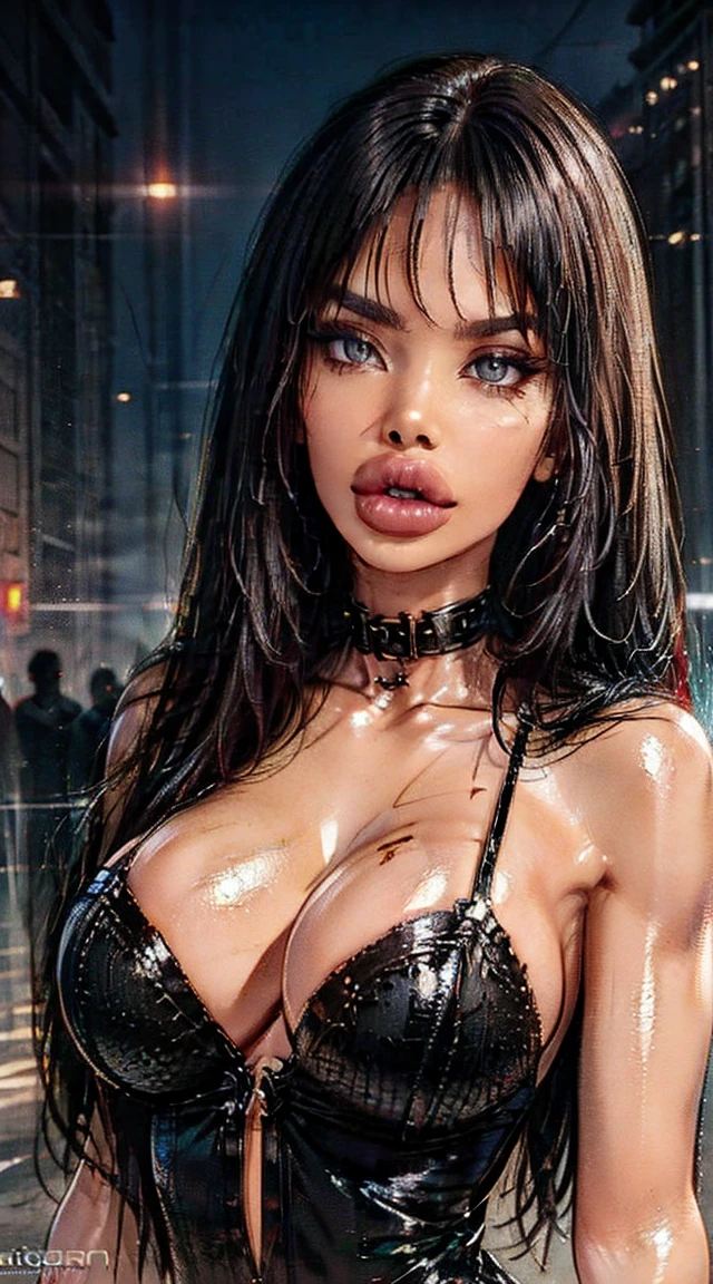 (best quality,4k,8k,highres,masterpiece:1.2),ultra-detailed,(realistic,photorealistic,photo-realistic:1.37),gothic woman,cyberpunk,red eyes demon like ,demon,extremely detailed face,long dark hair,sensual lips,pale skin,piercing,full makeup,black leather outfit,studded collar,fishnet stockings,platform boots,night cityscape background,neon lights,smoke and fog,reflective surfaces,glowing tattoos with intricate designs,blood red lipstick,sharp fangs,intense gaze,ominous aura,vivid colors,high contrast,dark shadows and highlights,ethereal beauty