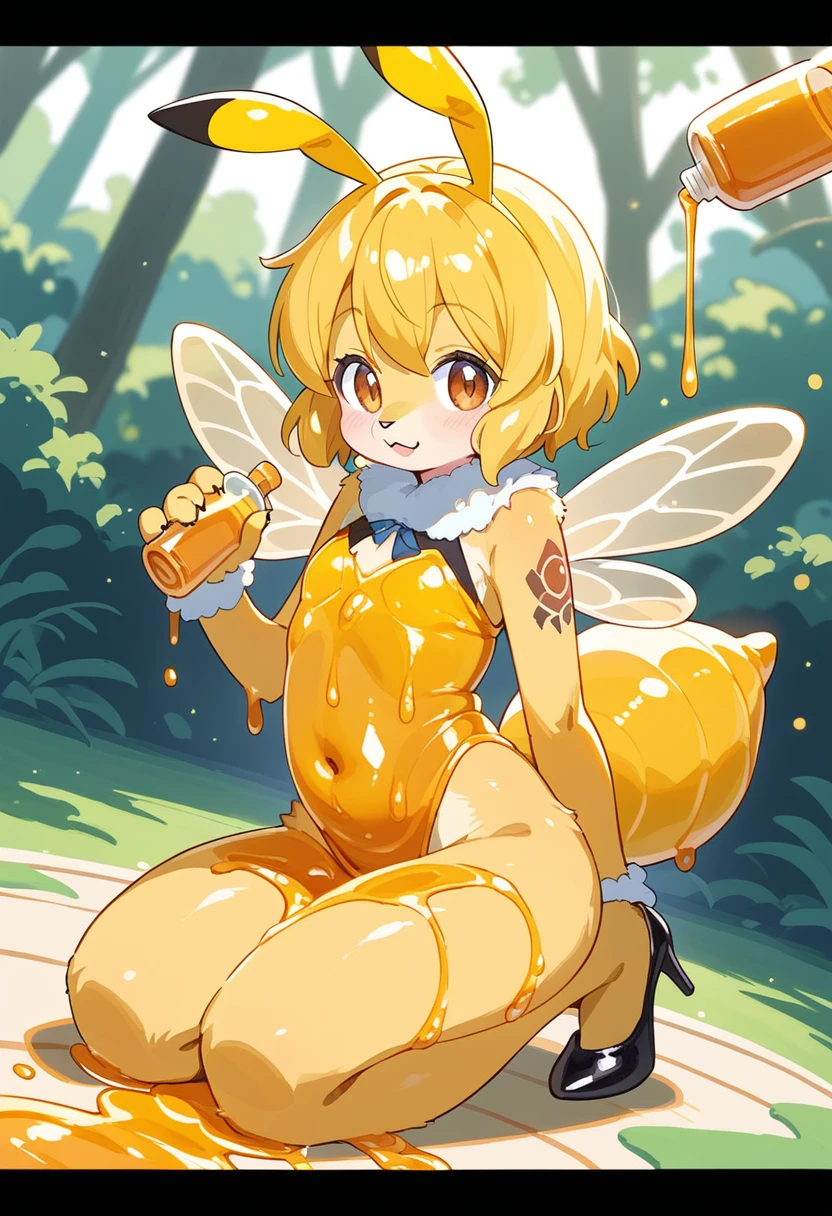Highest quality, Highest quality, High quality illustrations, masterpiece, Ultra-high resolution, Detailed Background, honeycomb, in the forest, Absurd, Perfect Anatomy, performance, Good lighting, Shadows in the movies(kemono, Furry Personifi猫ion), bee, Honey Skin, Honey Latex, Honey Latexスーツ, Honey Lotion, beeスーツ, beeのコスチューム, beeのコスプレ, ゴム製のbeeのしっぽ, beeの羽, Honey Pool, Honey Lotionを浴びている, Covered entirely in honey slime, Kneeling, Tattoo, High heels, Honey Latexマスク, Dynamic Angle
