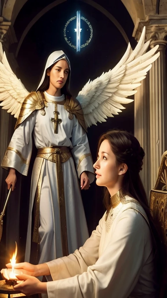 Archangel Michael appearing and giving instructions to Joan of Arc, The beauty of the angel and the holy light are emphasized,