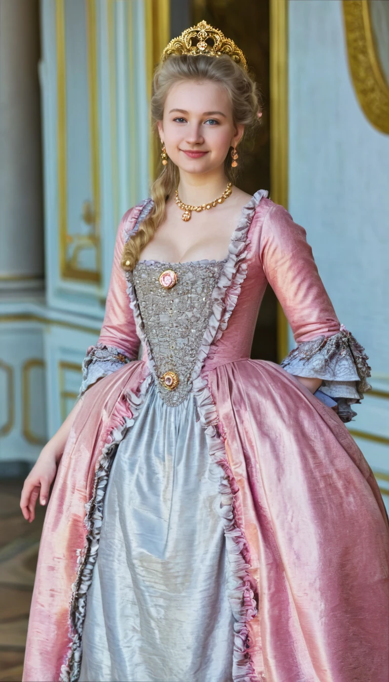 front view , standing pose,  look into the camera, russian girl, 18 year old, (blond hair, middle hair ,  wince, gray eyes, beautiful lip,  demure),  golden crescent earrings, gold necklace, (big , slender whist, wide hips, real public hair) ,(Rococo dress from the 18th century. century) , (golden earing , pearl necklace. Tiara my Diamond), on the floor in the palace, in Moscow, textured skin , HI detailed skin, (Shortening, Canon, uhd, anatomically correct,  Super Detail, High details, Highness, Large breast,satin, pink silk dress,ruffles, smiling.,long eyelashes, half open mouth 