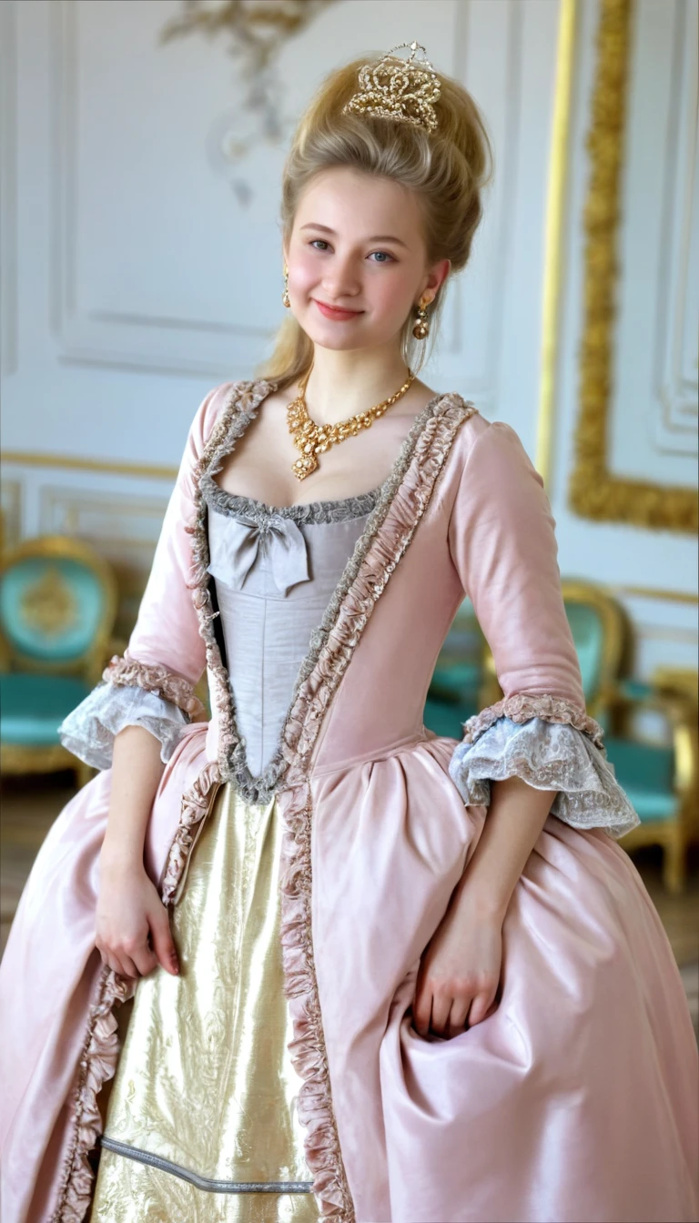 front view , standing pose,  look into the camera, russian girl, 18 year old, (blond hair, middle hair ,  wince, gray eyes, beautiful lip,  demure),  golden crescent earrings, gold necklace, (big , slender whist, wide hips, real public hair) ,(Rococo dress from the 18th century. century) , (golden earing , pearl necklace. Tiara my Diamond), on the floor in the palace, in Moscow, textured skin , HI detailed skin, (Shortening, Canon, uhd, anatomically correct,  Super Detail, High details, Highness, Large breast,satin, pink silk dress,ruffles, smiling.,long eyelashes, half open mouth 