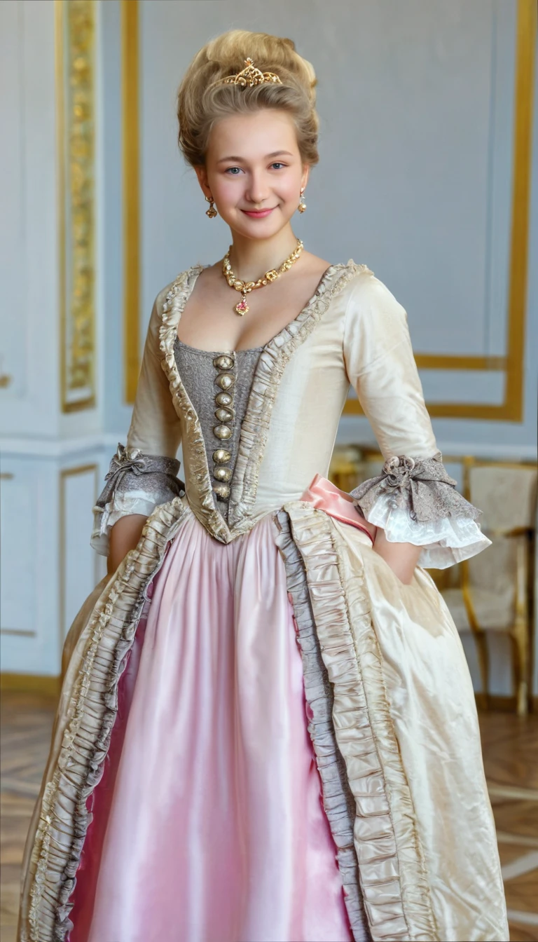 front view , standing pose,  look into the camera, russian girl, 18 year old, (blond hair, middle hair ,  wince, gray eyes, beautiful lip,  demure),  golden crescent earrings, gold necklace, (big , slender whist, wide hips, real public hair) ,(Rococo dress from the 18th century. century) , (golden earing , pearl necklace. Tiara my Diamond), on the floor in the palace, in Moscow, textured skin , HI detailed skin, (Shortening, Canon, uhd, anatomically correct,  Super Detail, High details, Highness, Large breast,satin, pink silk dress,ruffles, smiling.,long eyelashes, half open mouth 