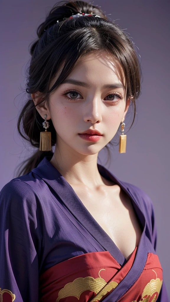 (8k, Highest quality, High resolution, masterpiece :1.3, RAW Photos), ((Accurately expresses the fine details of the face and skin texture)), ((Purple Background)), Beautiful adult woman, Long contour, Oiran, Gorgeous red kimono::2, hairpin, Captivating look, Strike a Pose, Earrings, Cleavage、Loose kimono、