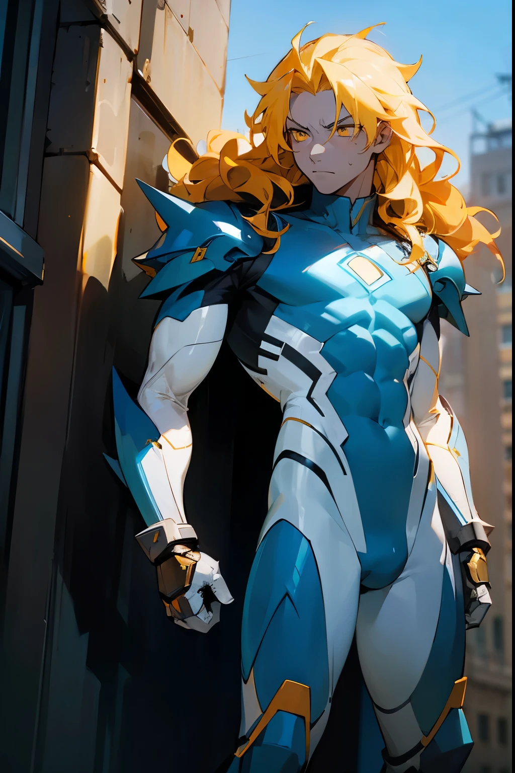 1male , Blue Skin , Bright Yellow Eyes , Messy Wavy Spiky  Yellow Hair , Bright Blue Highlights in Hair , Muscular , Calm Expression , White Bodysuit  ,Armored Clothing, Superhero , Standing on sidewalk , Modern city bakcground 