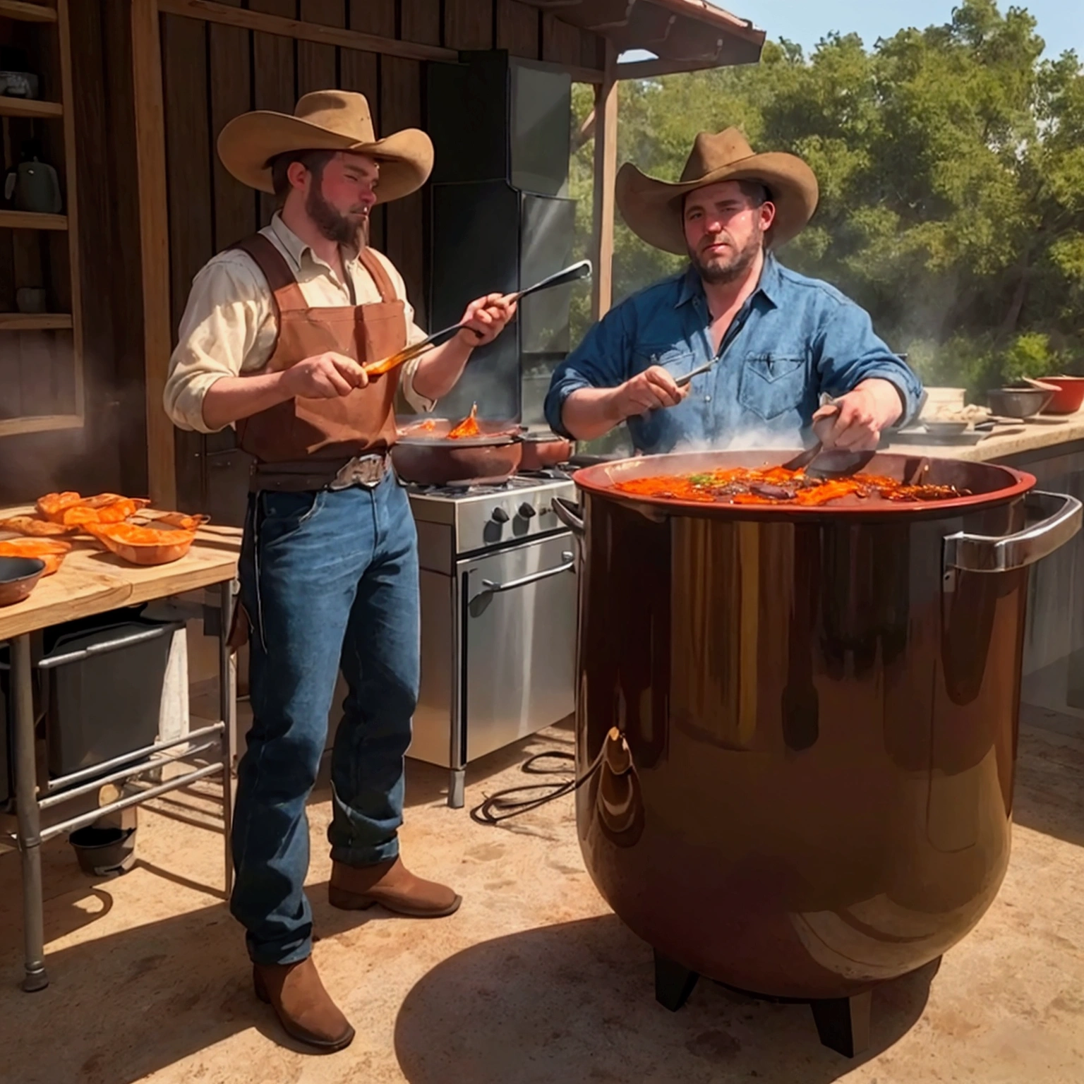 Two cowboys are cooking. One is grilling barbecue. The other is making chili con carne in a pot. hat, boots, 2horses, outdoor, realistic, hyper-realistic, photorealistic,ultra-detailed,(realistic,photorealistic,photo-realistic:1.37),vivid colors,dramatic lighting,