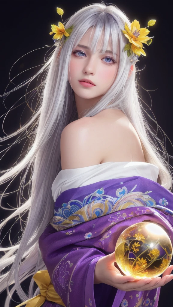 (masterpiece:1.3), (8k, photorealistic, raw photo, highest quality:1.4), (one girl), beautiful face, (realistic face), (long hair), (silver hair, near white hair, shiny hair, beautiful straight hair), (even bangs), (sharp bangs), straight hairstyle, realistic eyes, beautiful detailed eyes (purple eyes), (sharp eyes), (realistic skin), beautiful skin, (kimono), (magician's kimono), (flower hair ornament), attractive, ultra high resolution, ultra realistic, highly detailed, golden ratio, colorful background, (flowers blooming), (energy dancing background), magician, facing forward, facing from shoulders, looking straight ahead, both shoulders facing towards you, holding crystal ball, (heart crystal ball, love crystal ball).