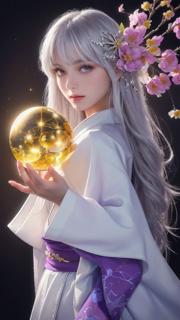 (masterpiece:1.3), (8k, photorealistic, raw photo, highest quality:1.4), (one girl), beautiful face, (realistic face), (long hair), (silver hair, near white hair, shiny hair, beautiful straight hair), (even bangs), (sharp bangs), straight hairstyle, realistic eyes, beautiful detailed eyes (purple eyes), (sharp eyes), (realistic skin), beautiful skin, (kimono), (magician's kimono), (flower hair ornament), attractive, ultra high resolution, ultra realistic, highly detailed, golden ratio, colorful background, (flowers blooming), (energy dancing background), magician, facing forward, facing from shoulders, looking straight ahead, both shoulders facing towards you, holding crystal ball, (heart crystal ball, love crystal ball).