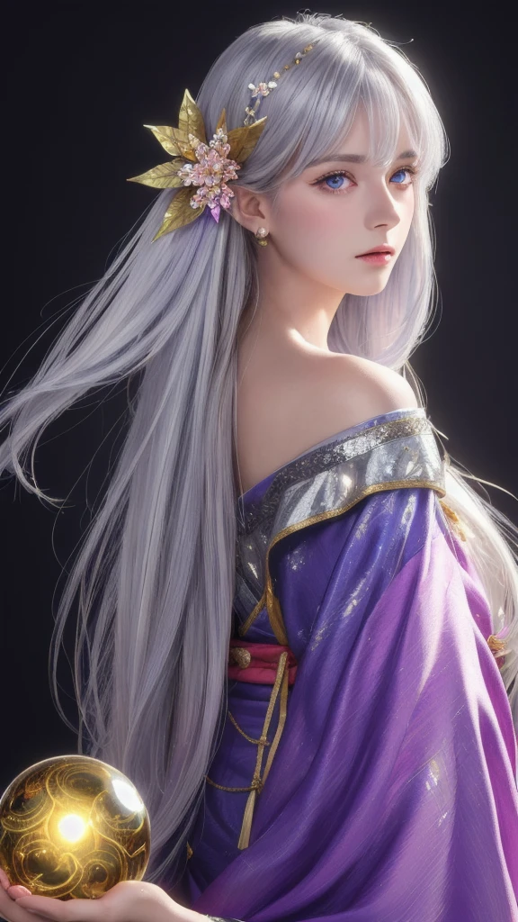 (masterpiece:1.3), (8k, photorealistic, raw photo, highest quality:1.4), (one girl), beautiful face, (realistic face), (long hair), (silver hair, near white hair, shiny hair, beautiful straight hair), (even bangs), (sharp bangs), straight hairstyle, realistic eyes, beautiful detailed eyes (purple eyes), (sharp eyes), (realistic skin), beautiful skin, (kimono), (magician's kimono), (flower hair ornament), attractive, ultra high resolution, ultra realistic, highly detailed, golden ratio, colorful background, (flowers blooming), (energy dancing background), magician, facing forward, facing from shoulders, looking straight ahead, both shoulders facing towards you, holding crystal ball, (heart crystal ball, love crystal ball).