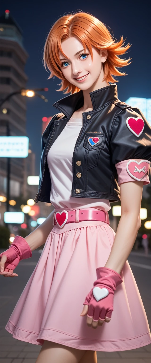 1 Girl,Cowboy shooting, Beautiful Nora_Valkyrie, Looking at the audience, Smile, short hair, blue eyes,heart motif, Gloves, jacket, Pink skirt, Pink belt, Short sleeve, Puff sleeves, Single armband, fingerless Gloves, Orange Hair, pink Gloves, Dynamic poses, night, outdoor, City, (Volumetric Lighting), best quality, masterpiece, Intricate details, Tone Mapping, Clear focus, Ultra Detailed, Popular on artstation,