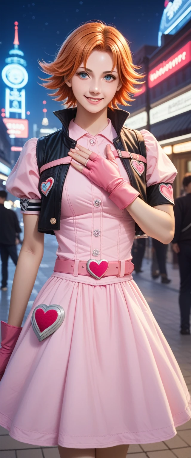 1 Girl,Cowboy shooting, Beautiful Nora_Valkyrie, Looking at the audience, Smile, short hair, blue eyes,heart motif, Gloves, jacket, Pink skirt, Pink belt, Short sleeve, Puff sleeves, Single armband, fingerless Gloves, Orange Hair, pink Gloves, Dynamic poses, night, outdoor, City, (Volumetric Lighting), best quality, masterpiece, Intricate details, Tone Mapping, Clear focus, Ultra Detailed, Popular on artstation,