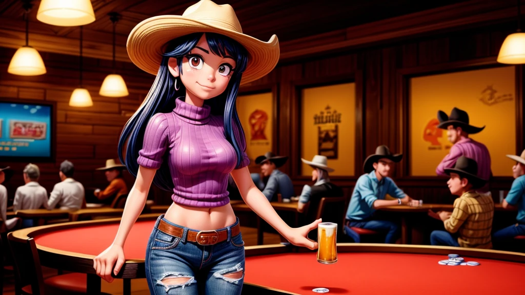 a cowgirl playing poker in a western saloon, leather jacket, jeans, beer, cigar smoke, drunk causing trouble, highly detailed, photorealistic, masterpiece, award winning, cinematic lighting, dramatic composition, warm color palette, realistic textures, extreme fine details, hyper realistic, 8k, HDR, physically-based rendering