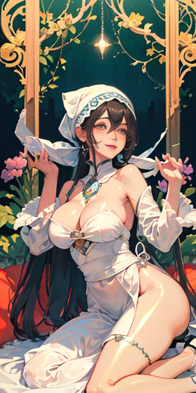 Paladin, Absurd, High resolution, Super detailed, beautiful, masterpiece, Highest quality, (One girl:1.2), Medieval, ((Tarot)), Bard, Dancer, Exposing shoulders, Cane, sword, shield, crystallization, A maid outfit with a mini skirt and lots of frills, Court 4, ((Light clothing, Sunscreen, Comfortable shoes, Waist Jewelry, Ventral lock, Body Accessories, Head scarf)), Symbolism, Visual art, occult, universal, Vision Casting, philosophy, Iconography, Number secrets, Popularity, art, Alphonse Mucha, Perfect hands, Perfect legs, (whole body), myth, goddess, Fold your hands in front of your chest, ((Highly detailed face), (Cute eyes), ((thick)), Hair Color Gradient, Accurate focus, (Upturned eyes :1.5), Long Hair, Yellow Eyes, アニメのbeautiful女の子 , ((Pursing your lips, Throw kiss, Sexy smile)), (Shiny body:1.8)、Big Breasts、Full of embarrassment、(Ahegao:1.5)