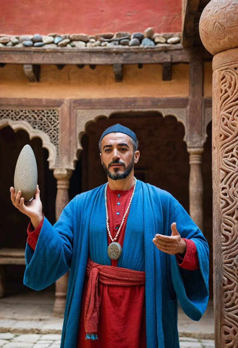 A man wearing a red Arabic robe, blue and brown, holding a small stone totem, with North African characteristics and Italian traits in skin and hair color