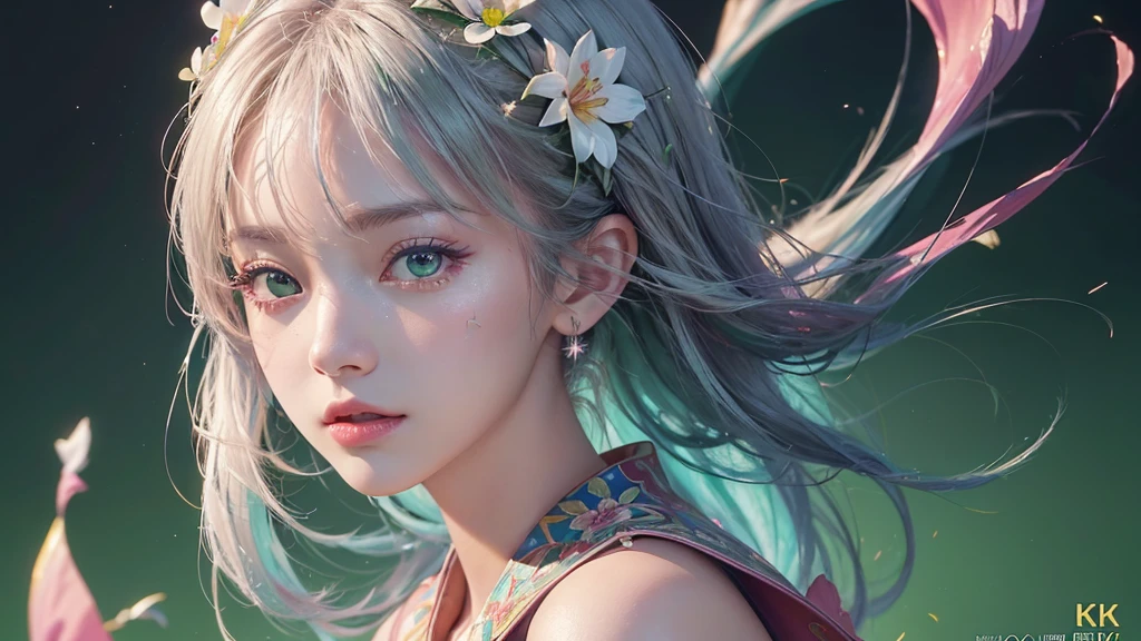 One girl, alone, flower畑, flower, (Official Art, unity 8k wallpaper, Super detailed, beautifully、aesthetic, masterpiece ,Highest quality:1.3), (Dynamic Angle:1.2), (Floating colorful sparkles:1) , elegant, Vibrant colors, Highly detailed face, Detailed eyes, Glowing Skin, Glossy Lips , Pale green background,