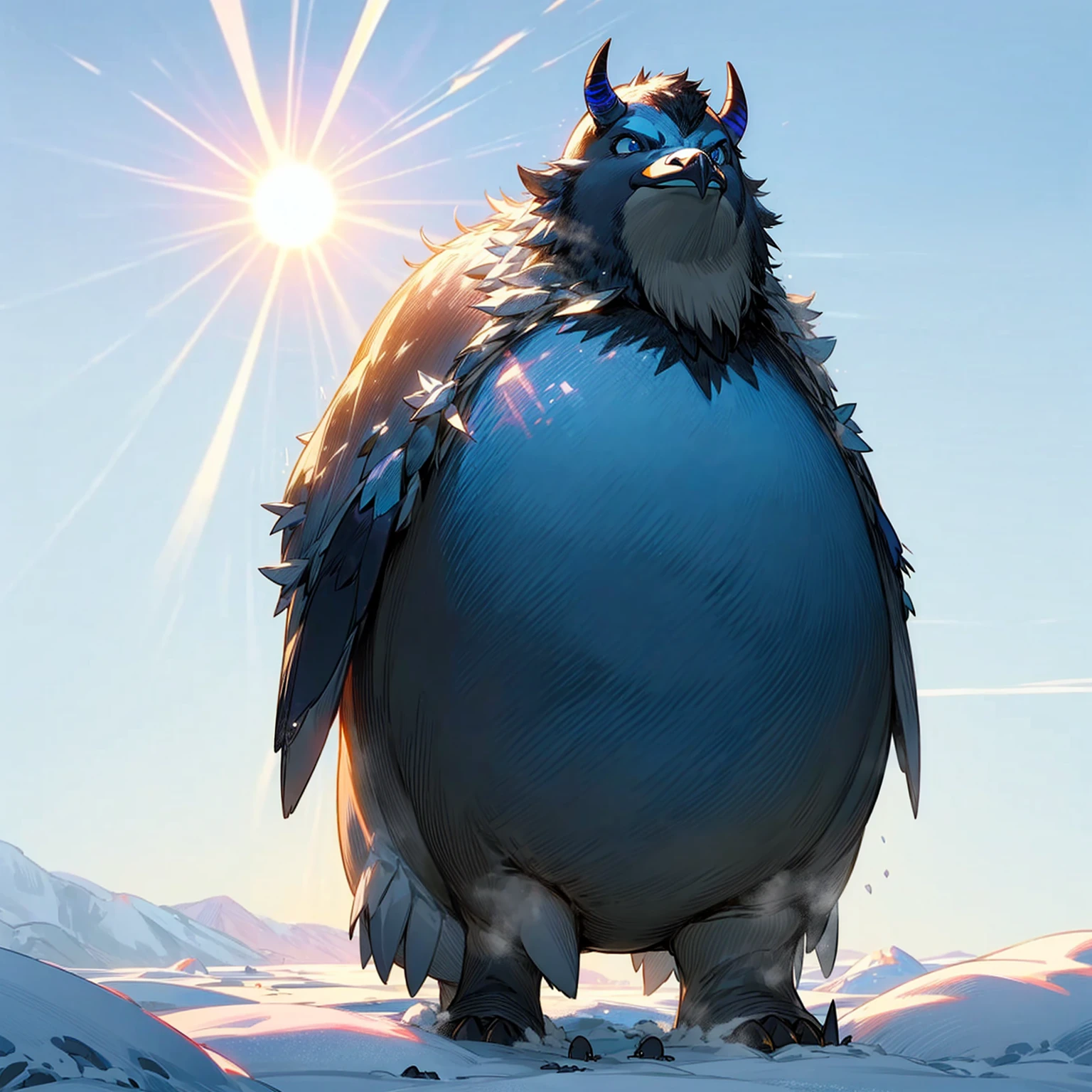 1character, Full body version, blue bison mixed with penguin, blue eyes, bison head mixed, very fat stomach, largest body, very tall height, Grassroots, full background in snow, In the morning, the silhouette of the sun, the glare of the sun, his eyes shining blue light
