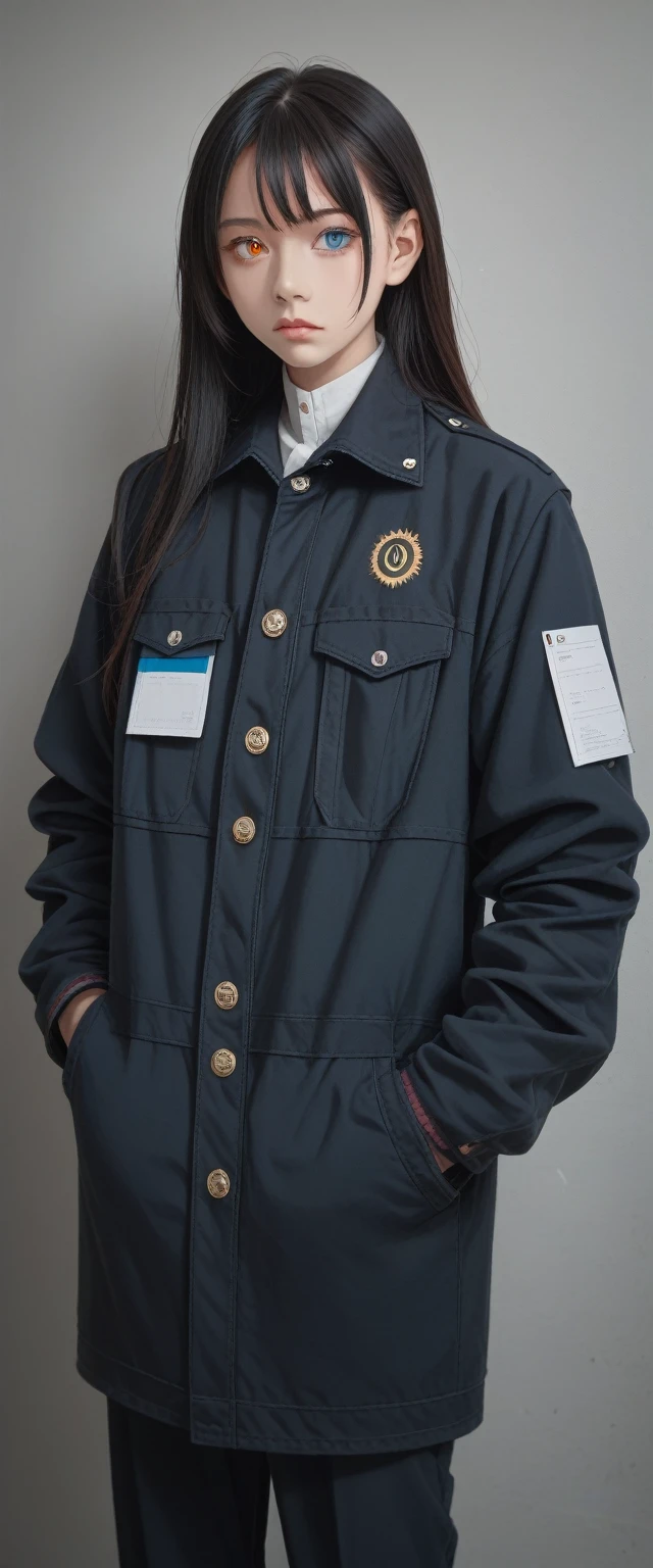 A girl, jacket, Hands in pockets, Staring at others, Black long hair, Heterochromic Eyes, Heterochromic Eyes, Heterochromia, 8K resolution, Very detailed, Anatomically correct, number, Concept Art, Shinkai Makoto style, Clear images,