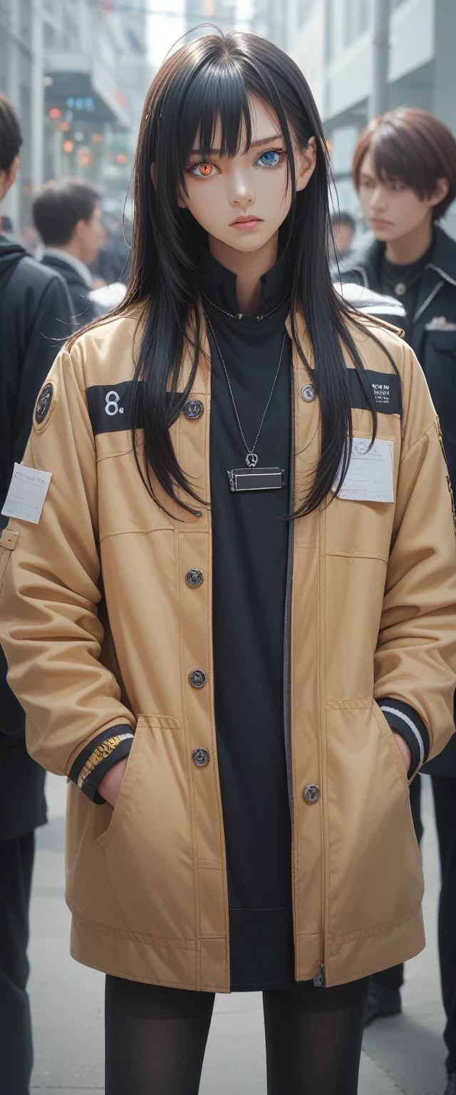 A girl, jacket, Hands in pockets, Staring at others, Black long hair, Heterochromic Eyes, Heterochromic Eyes, Heterochromia, 8K resolution, Very detailed, Anatomically correct, number, Concept Art, Shinkai Makoto style, Clear images,  