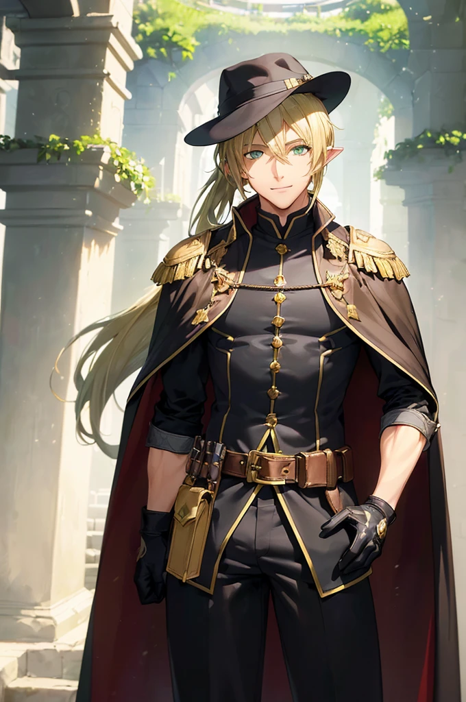 (((masterpiece; best quality: 1.2))), (finely detailed eyes: 1.3), (25 year old elf man), (solo), (green eyes: 1.4), (body; toned, fit, masculine: 1.3), (silky blonde hair in low ponytail: 1.3), (beautiful and clear background: 1.2), ((depth of field)), (equipment: adventurer garb + modest + elegant slim fedora + dark overcoat + dark long cape + black pants + gloves + belt + pouches: 1.3), (anime illustration: 1.2), (background composition; royal garden: 1.1), (extremely fine and handsome: 1.1), (shot composition; standing + centered on torso + close-up: 1.5), (expression; calm, smile: 1.2)