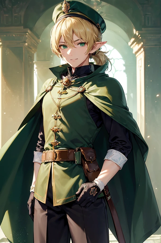 (((masterpiece; best quality: 1.2))), (finely detailed eyes: 1.3), (25 year old elf man), (solo), (green eyes: 1.4), (body; toned, fit, masculine: 1.3), (silky blonde hair in low ponytail: 1.3), (beautiful and clear background: 1.2), ((depth of field)), (equipment: adventurer garb + modest + elegant slim fedora + dark overcoat + dark long cape + black pants + gloves + belt + pouches: 1.3), (anime illustration: 1.2), (background composition; royal garden: 1.1), (extremely fine and handsome: 1.1), (shot composition; standing + centered on torso + close-up: 1.5), (expression; calm, smile: 1.2)