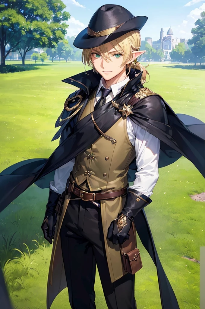 (((masterpiece; best quality: 1.2))), (finely detailed eyes: 1.3), (25 year old elf man), (solo), (green eyes: 1.4), (body; toned, fit, masculine: 1.3), (silky blonde hair in low ponytail: 1.3), (beautiful and clear background: 1.2), ((depth of field)), (equipment: adventurer garb + modest + elegant slim fedora + dark overcoat + dark long cape + black pants + gloves + belt + pouches: 1.3), (anime illustration: 1.2), (background composition; royal garden: 1.1), (extremely fine and handsome: 1.1), (shot composition; standing + centered on torso + close-up: 1.5), (expression; calm, smile: 1.2)