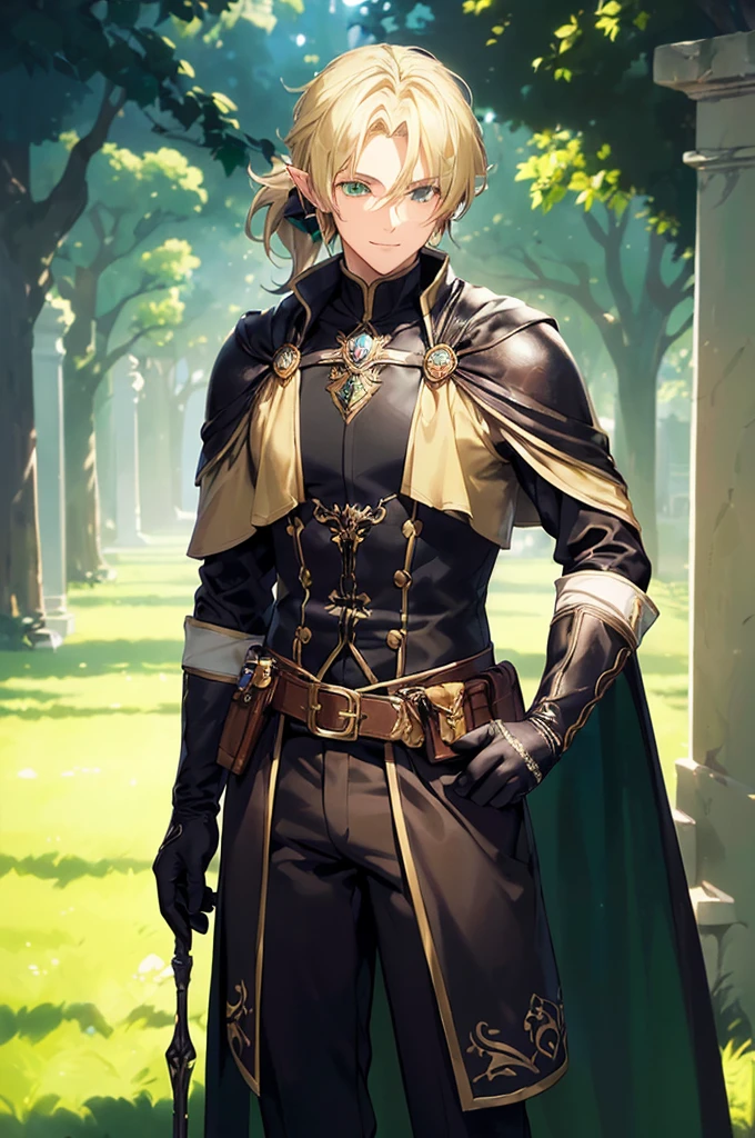 (((masterpiece; best quality: 1.2))), (finely detailed eyes: 1.3), (25 year old elf man), (solo), (green eyes: 1.4), (body; toned, fit, masculine: 1.3), (silky blonde hair in low ponytail: 1.3), (beautiful and clear background: 1.2), ((depth of field)), (equipment: adventurer garb + modest + elegant slim fedora + dark overcoat + dark long cape + black pants + gloves + belt + pouches: 1.3), (anime illustration: 1.2), (background composition; royal garden: 1.1), (extremely fine and handsome: 1.1), (shot composition; standing + centered on torso + close-up: 1.5), (expression; calm, smile: 1.2)