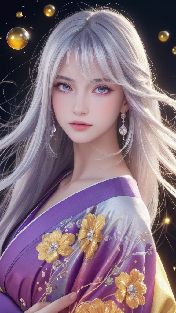 (masterpiece:1.3), (8k, photorealistic, raw photo, highest quality:1.4), (one girl), beautiful face, (realistic face), (long hair), (silver hair, near white hair, shiny hair, beautiful straight hair), (even bangs), (sharp bangs), straight hairstyle, realistic eyes, beautiful detailed eyes (purple eyes), (sharp eyes), (realistic skin), beautiful skin, (kimono), (magician's kimono), (flower hair ornament), attractive, ultra high resolution, ultra realistic, highly detailed, golden ratio, colorful background, (flowers blooming), (energy dancing background), magician, facing forward, facing from shoulders, looking straight ahead, both shoulders facing towards you, holding crystal ball, (heart crystal ball, love crystal ball).