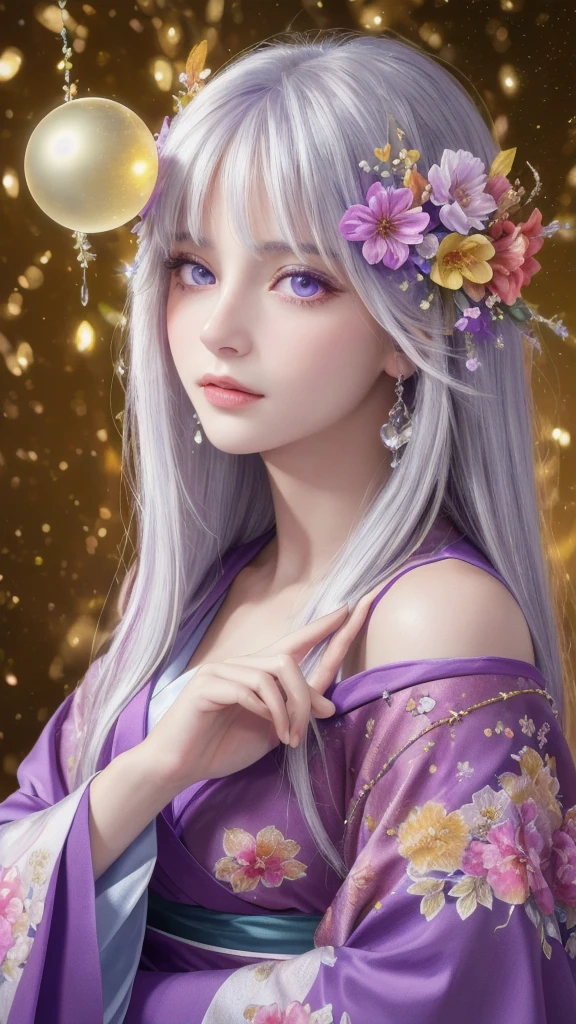 (masterpiece:1.3), (8k, photorealistic, raw photo, highest quality:1.4), (one girl), beautiful face, (realistic face), (long hair), (silver hair, near white hair, shiny hair, beautiful straight hair), (even bangs), (sharp bangs), straight hairstyle, realistic eyes, beautiful detailed eyes (purple eyes), (sharp eyes), (realistic skin), beautiful skin, (kimono), (magician's kimono), (flower hair ornament), attractive, ultra high resolution, ultra realistic, highly detailed, golden ratio, colorful background, (flowers blooming), (energy dancing background), magician, facing forward, facing from shoulders, looking straight ahead, both shoulders facing towards you, holding crystal ball, (heart crystal ball, love crystal ball).