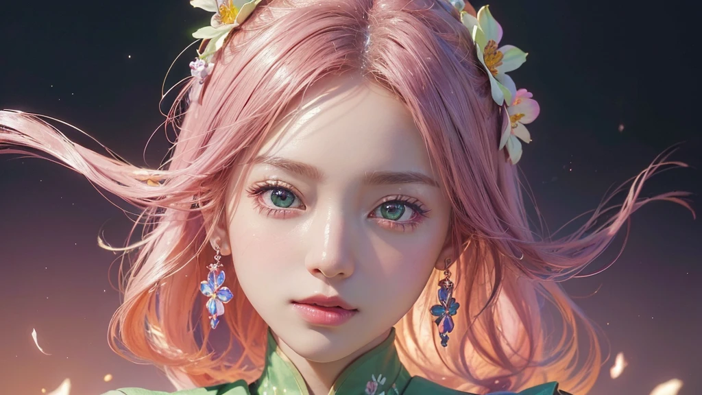 One girl, alone, flower畑, flower, (Official Art, unity 8k wallpaper, Super detailed, beautifully、aesthetic, masterpiece ,Highest quality:1.3), (Dynamic Angle:1.2), (Floating colorful sparkles:1) , elegant, Vibrant colors, Highly detailed face, Detailed eyes, Glowing Skin, Glossy Lips , Pale green background,