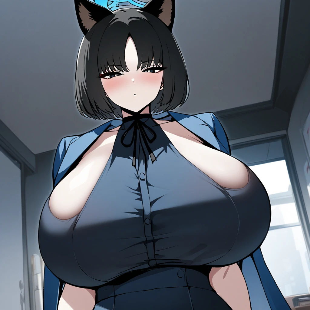 kikyou(blue archive),1girl,solo,Black eyes color,cat ears,super huge breasts,looking at viewer,blush,near,standing up,in room