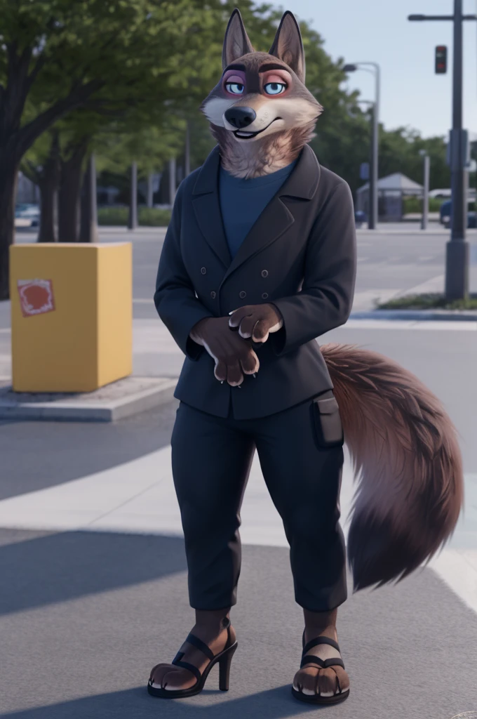 Emilia (Zootopia), wolf, Gray Fur, (brown body:1.3), Blue eyes, Zootopia, makeup,lipstick, dressed,black jacket,shirt,black pants,red,sandals, high heels sole, female breast,canine, Wolf, Detailed fur, Female, antro, paw pads, finger claws, At the viewer, 5 fingers, paws, 5 fingers,goes to a women's shoe store and chooses heels,mood,open mouth, flash cameras, loving husband,two children,close to the camera,holding high heel sandals,
BREAK from nextel, for dating, by xenoforge, (difficult, high detail, film photography, soft focus, RAW, fluororealism, realistic, photorealistic, digital style, Subsurface scattering,in a women's shoe store, it's sitting, office,
masterpiece, Best quality, ultra realistic, 8 k)
