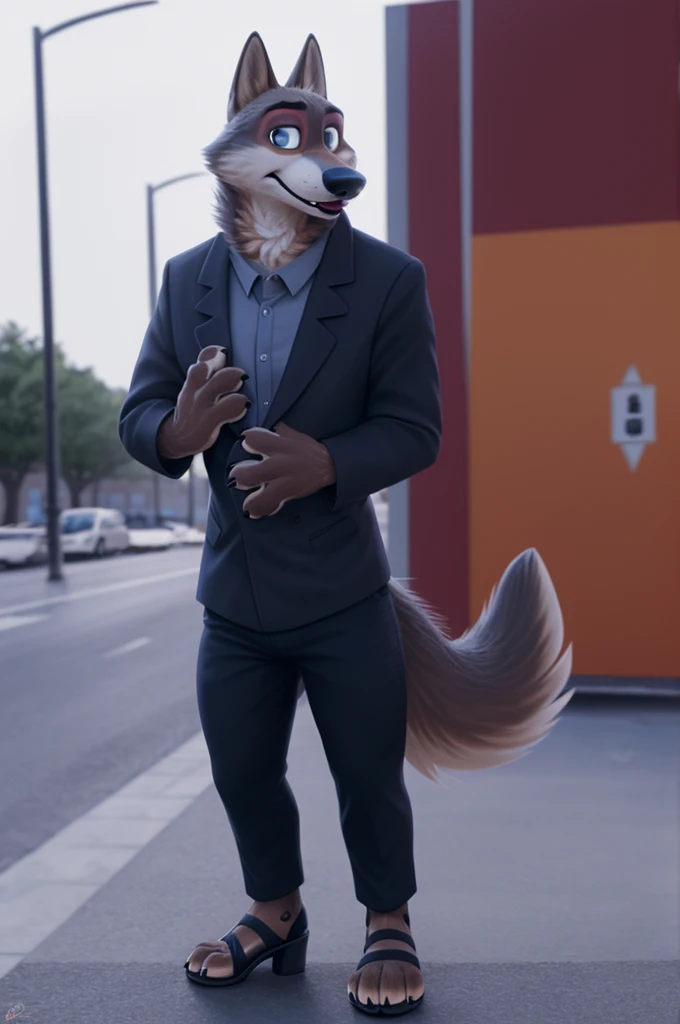 Emilia (Zootopia), wolf, Gray Fur, (brown body:1.3), Blue eyes, Zootopia, makeup,lipstick, dressed,black jacket,shirt,black pants,red,sandals, high heels sole,  female ,canine, Wolf, Detailed fur, Female, antro, paw pads, finger claws, At the viewer, 5 fingers, paws, 5 fingers,goes to a women&#39;s shoe store and chooses heels,mood,open mouth, flash cameras, loving husband,two childrose to the camera,holding high heel sandals, 
BREAK from nextel, for dating, by xenoforge, (difficult, high detail, film photography, soft focus, RAW, fluororealism, realistic, photorealistic, digital style, Subsurface scattering, women&#39;s shoe store, it's sitting, office, 
masterpiece, Best quality, ultra realistic, 8 k)