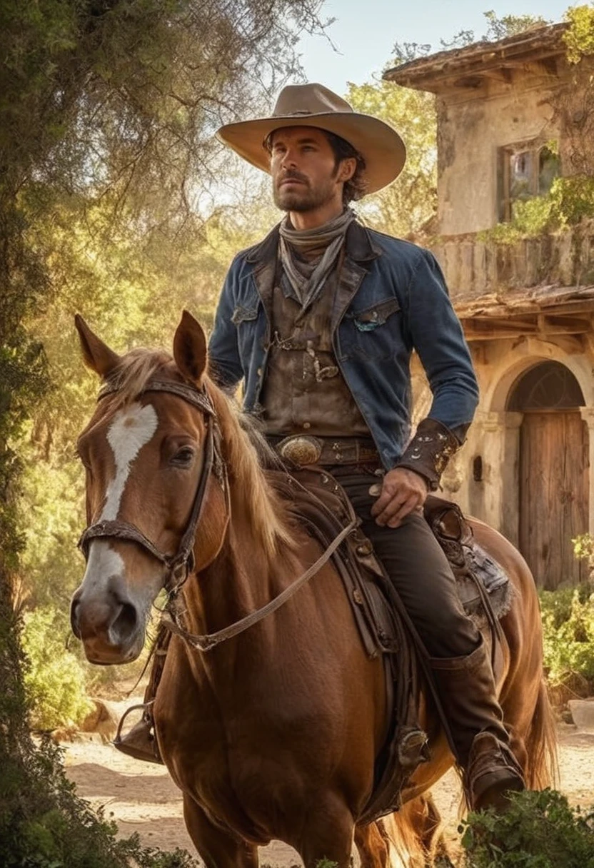 1man, cow-boy, post-modern, rodeo, a movie , steampunk cowboy hat, lasso, horse, sun set, pose d’action, Detailed face, Plants, abandoned desert village, (best quality,4K,8k,high resolution,masterpiece:1.2),ultra-detailed,(realistic,photorealistic,photo-realistic:1.37),Cinematic lighting,dramatic shadows,couleurs vives,composition dynamique.