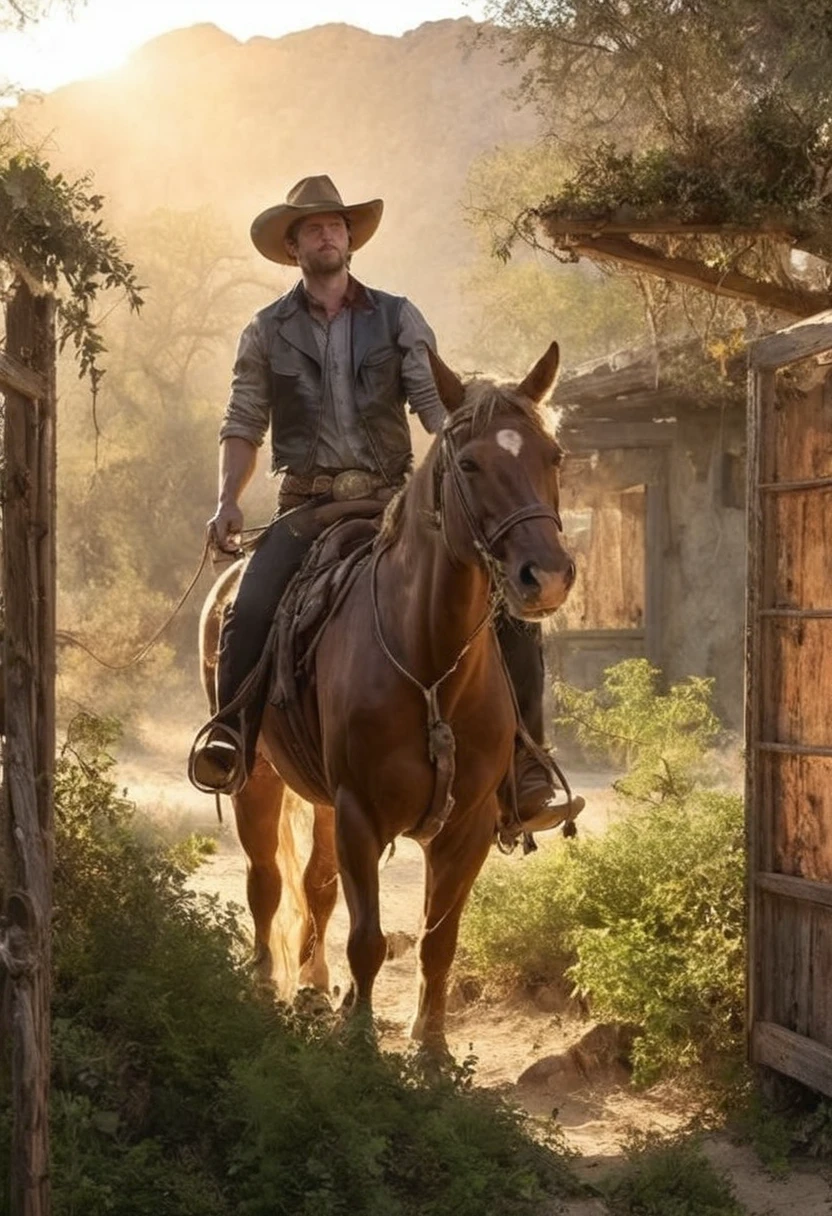 1man, cow-boy, post-modern, rodeo, a movie , steampunk cowboy hat, lasso, horse, sun set, pose d’action, Detailed face, Plants, abandoned desert village, (best quality,4K,8k,high resolution,masterpiece:1.2),ultra-detailed,(realistic,photorealistic,photo-realistic:1.37),Cinematic lighting,dramatic shadows,couleurs vives,composition dynamique.