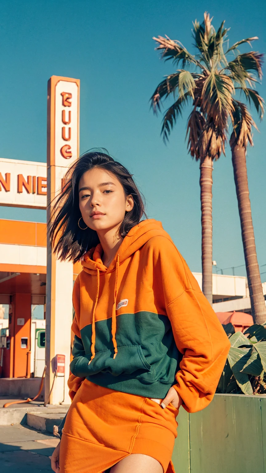 (medium shot portrait) of cute 23 yo girl ,wear ((orange color oversized_hoodie)), wear ((purple tennis skirt)),looking front,Best Quality,Masterpiece,Ultra High Resolution,(Realisticity:1.4),Original Photo, 1Girl, light leak,ultra high resolution,UHD,beautiful, (black straight hair), almond eye, no makeup, in front of ((80's blue, red, green color gas station)), (realistic:1.2), (surreal:1.3), (very detailed:1.1), ((masterpiece)),summer, blue sky, palm trees,sunny, los angles vibes,film camera, 800mm lens,