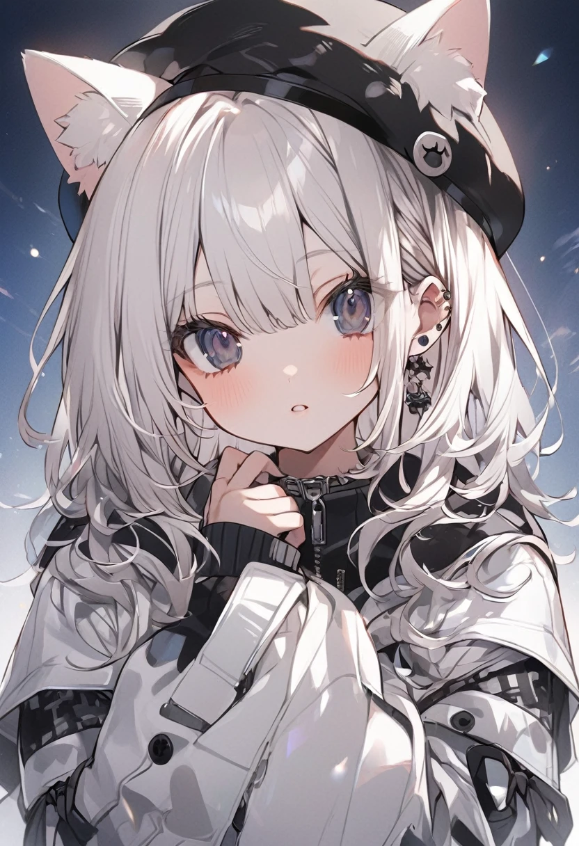 One Girl、White Hair、Bob Hair、Cat ear、black eye、Black Beret、White ribbon、White coat with black ribbon sweatshirt、Perfect Face、Perfect Eyes、Perfect Mouth、Perfect Nose、cute