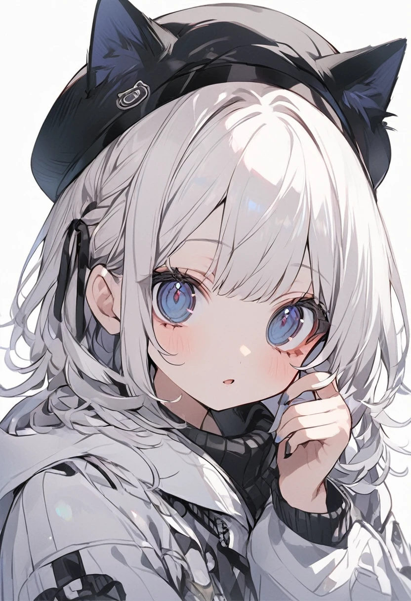 One Girl、White Hair、Bob Hair、Cat ear、black eye、Black Beret、White ribbon、White coat with black ribbon sweatshirt、Perfect Face、Perfect Eyes、Perfect Mouth、Perfect Nose、cute
