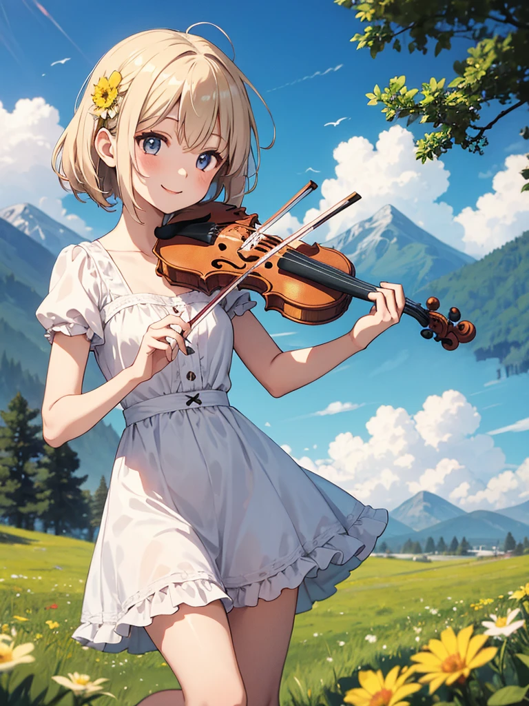 kawaii 1 girl, Playing the violin, smile, slim, dress, on open air, in nature, Mountains, grass field, flowers, sky, floating hair