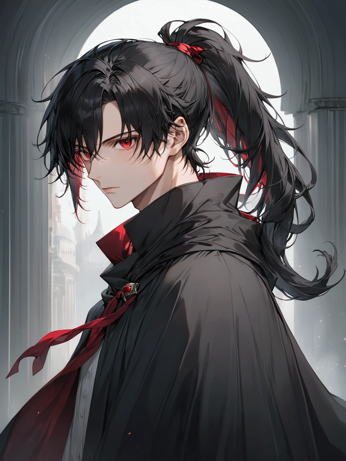 ((masterpiece)), ((best quality)), (from front:1.2), (half-body shot:1.4), 1man, adult man, solo, ponytail tied long black hair, red eyes, plain black cloak, looking at viewers