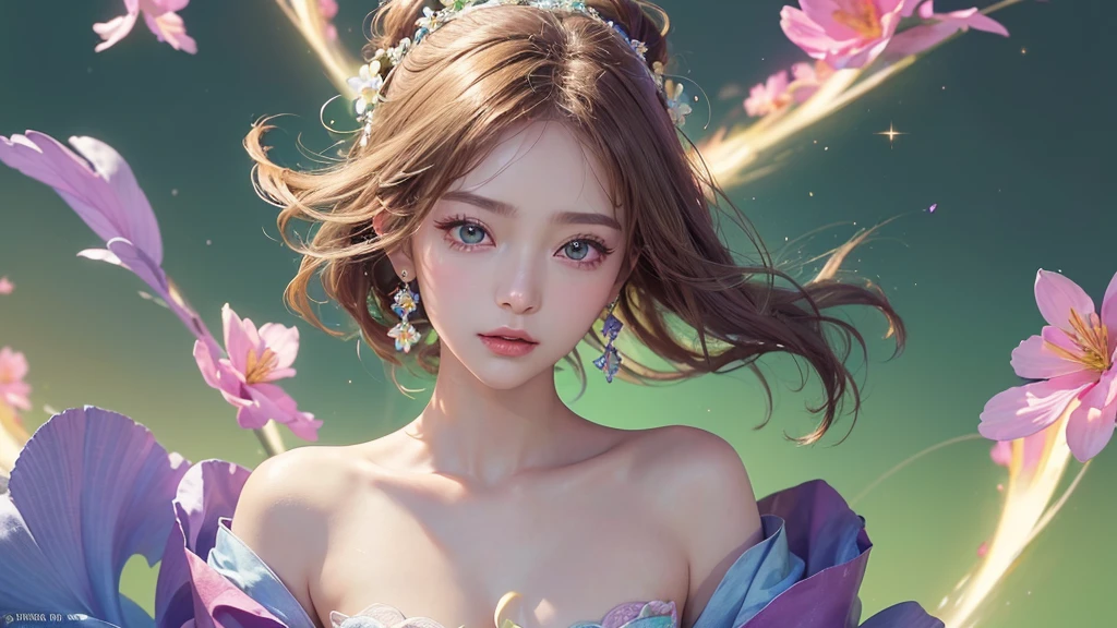 One girl, alone, flower畑, flower, (Official Art, unity 8k wallpaper, Super detailed, beautifully、aesthetic, masterpiece ,Highest quality:1.3), (Dynamic Angle:1.2), (Floating colorful sparkles:1) , elegant, Vibrant colors, Highly detailed face, Detailed eyes, Glowing Skin, Glossy Lips , Pale green background,