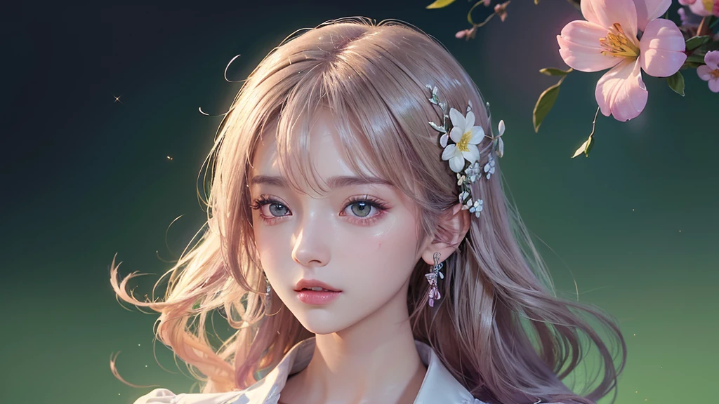 One girl, alone, flower畑, flower, (Official Art, unity 8k wallpaper, Super detailed, beautifully、aesthetic, masterpiece ,Highest quality:1.3), (Dynamic Angle:1.2), (Floating colorful sparkles:1) , elegant, Vibrant colors, Highly detailed face, Detailed eyes, Glowing Skin, Glossy Lips , Pale green background,