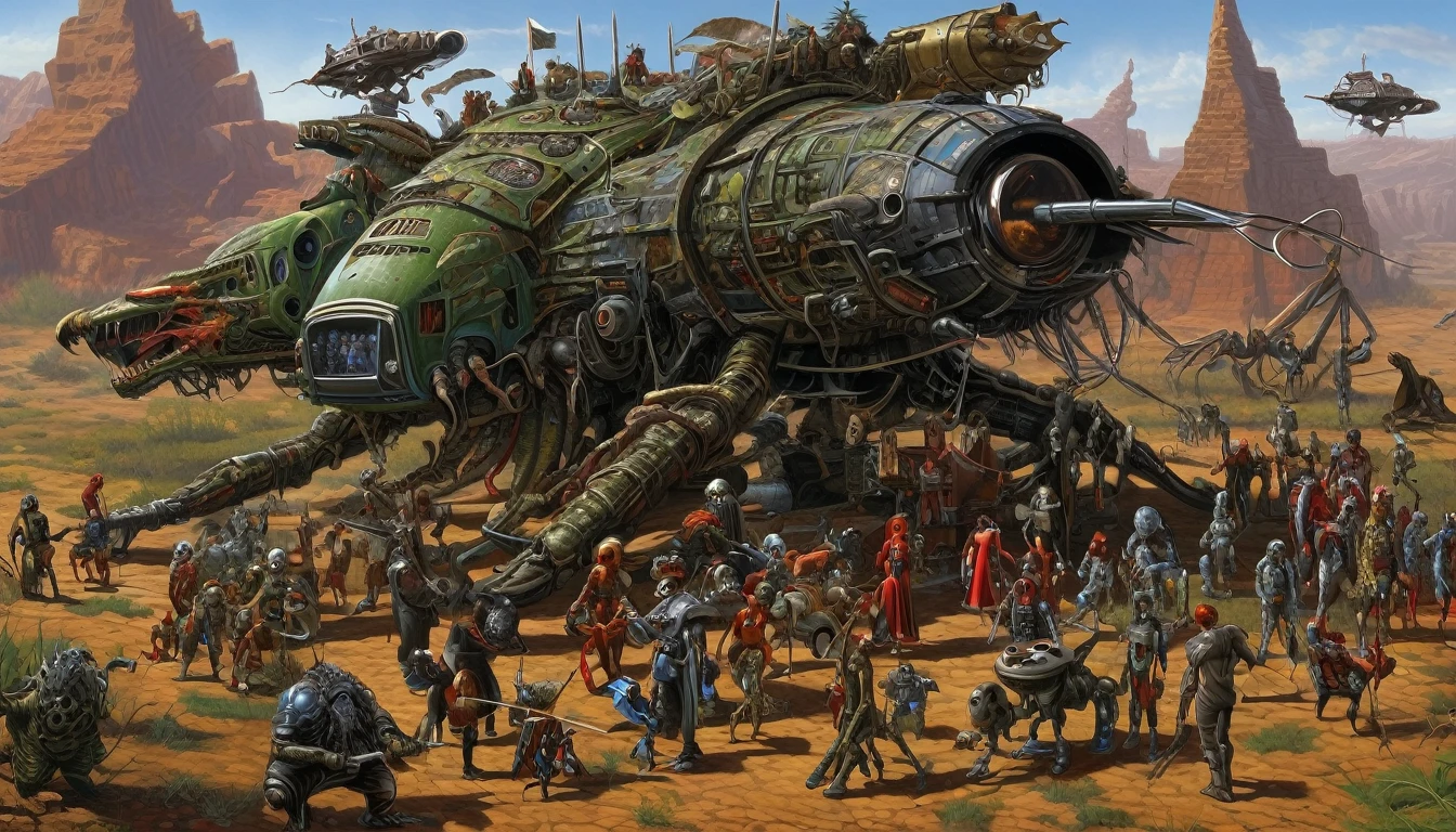 in (medium full shot:3.1) in (back view:3.1) of lot of characters from a movie for slave girls from beyond infinity, inspired by Clyde Caldwell and Ed Emshwiller, futuristic apocalypse, stalenhag, metal album cover, gwar, heavy metal band promo, (with Creepy, Sci-Fi, Fantasy and Horror:2.9) retro sci fi, Horror movie, very detailed body, moody, epic, terrified, insane, altered reality, disgusting, disturbing, Impactful, shot on Kodak Vision3, (intricate details:2.4), (hyperdetailed:3.1), (32k resolution:3.1), (high detailed:4.1), lot of detailed, high quality, soft (cinematic:3.3) light, dramatic atmosphere, atmospheric pespective, (impactful art:2.8), rich colors, (3d rendering:3.2)