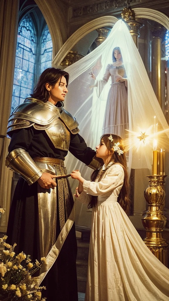 Archangel Michael appearing and giving instructions to Joan of Arc, The beauty of the angel and the holy light are emphasized, 