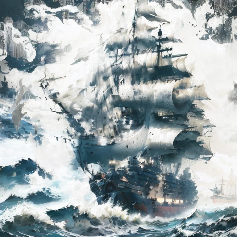 There is a black and white drawing,The painting shows a ship in the sea, Ship lost in storm, 中式sailboat背景, 海洋上的中式sailboat, sailboat, sailed ship, In the rough sea,Ship at sea, Engraving illustration, stylized illustration, Highly detailed ink illustrations, sailed ship underneath