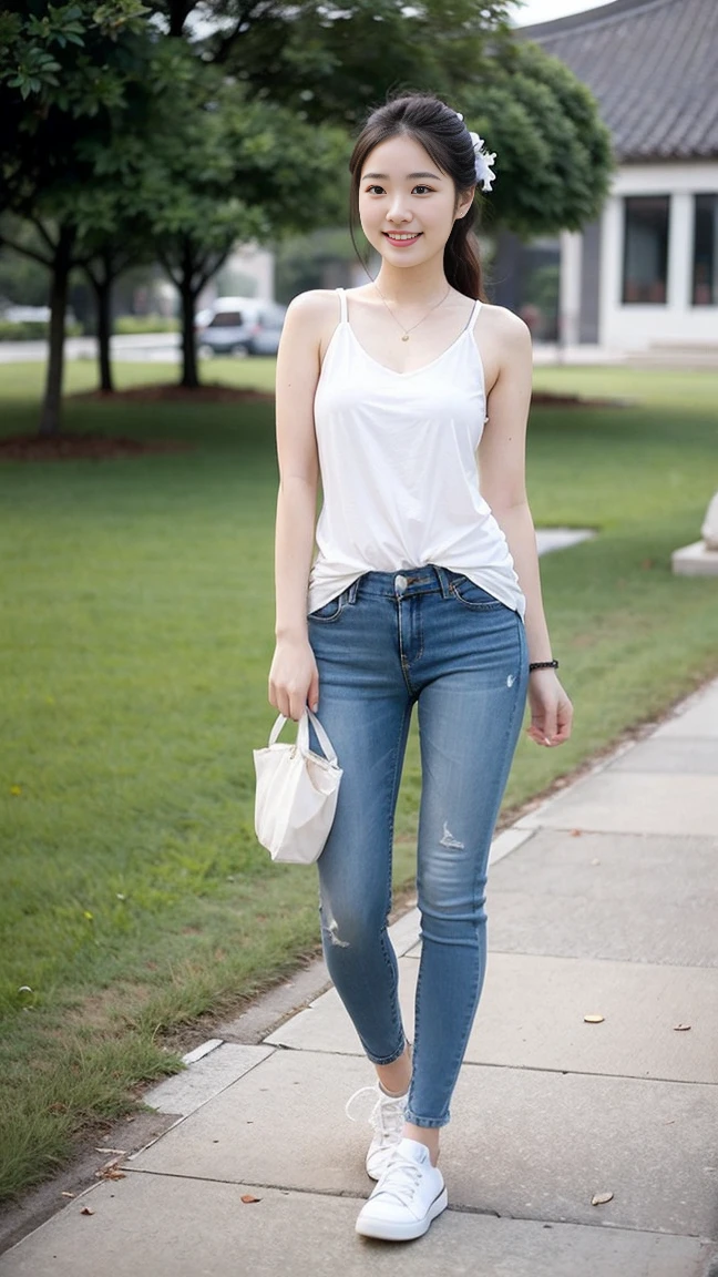 1 girl,solo,25year old Korean girl,Woman in blue shirt and denim shorts, standing with hands in pockets,Wearing a tan tank top and baggy pants. on clothes、including modern, casual simple style、feature. Clothing represents 2014, Image has been enlarged、Show clear details.manish makeup,,long eyelasher,hair pulled back, White skin, thin makeup, Bust size 32 inches, Wearing orange tank top,Stand on the grass and take pictures,Detailed meadow,A sweet smile on the little face,Super realistic facial details,Playful and coquettish posture,The calves are straight and slender:1.2,Wear high-end branded colored canvas shoes:1.0,full-body shot:1.8Chinese girl, xintong chen, Otherwise, melon-faced, with double eyes, double eyelids, long eyebrows, long eyelashes, a slight smile, 32 inches in the chest, and a very nice face, Beautiful young Chinese woman, Beautiful young and middle-aged women, Beautiful middle-aged woman, Gorgeous Chinese model, Xision Wu, wenfei ye, Chinese girl, beautiful asian girl, lovely young woman dance video