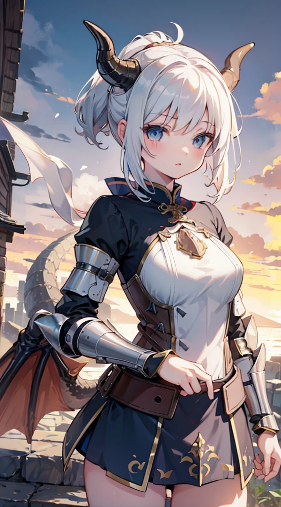 knight，Dragon Girl，Anthropomorphic Dragon，Dragon Horn，巨龙wing，龙的wing，wing，巨大的wing，silver white的巨龙wing，White Tail，白色Dragon Tail，White smooth tail，White lizard tail，Flesh，Chubby tail，knight盔甲，Plate，Breastplate，Wristband，Arm Guard，Metal armor，重型armor，承重armor，厚重的armor，armor，wing，巨龙wing，巨龙knight女孩，Big breasts，Pale，silver white，White hair，White scales，Dragon Claw，butt，大butt，Fantasy style背景，City background，Street background，Fantasy styleStreet background，中世纪Street background，Street background，Fantasy style，Fantasy style，Skirt Armor，Skirt，Dragon Tail，巨Dragon Tail，Flesh的尾巴，Chubby tail