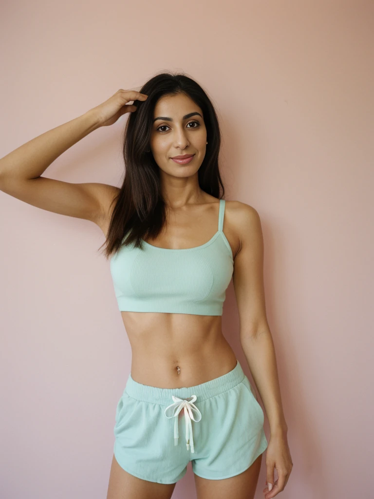 Rania, 1girl, solo, ((Egyptian woman)), consistent face and body, ((MILF)), ((30 years old)), (mature), ((slim)), ((Egyptian face)), (Egyptian nose), (Egyptian lips), ((long straight hair)), upper body and upper legs, (background: Study), BREAK, (wearing pastel bra top and shorts), smirking, teasing pose