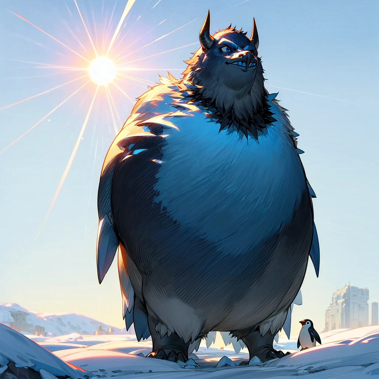 1character, Full body version, blue bison mixed with penguin, blue eyes, bison head mixed, very fat stomach, largest body, very tall height, Grassroots, full background in snow, In the morning, the silhouette of the sun, the glare of the sun, his eyes shining blue light