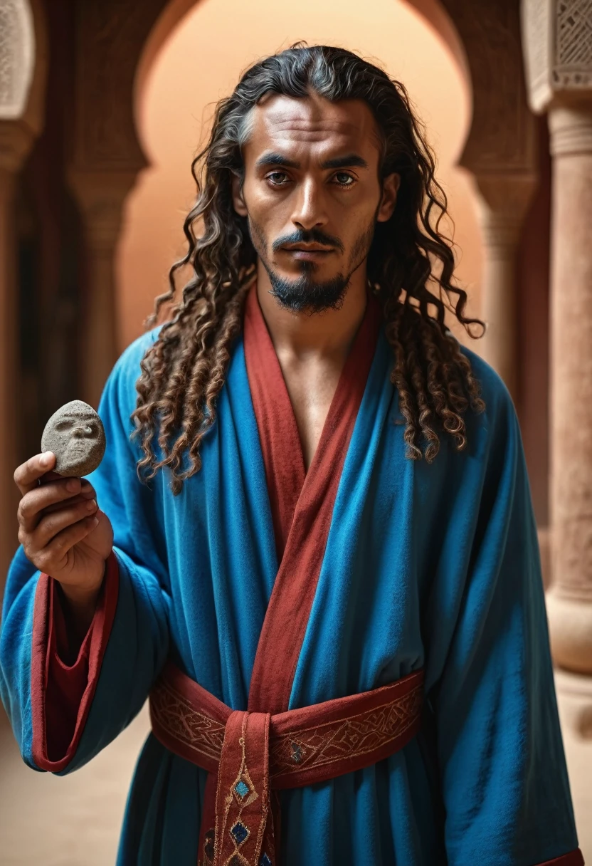 A man wearing a red Arabic robe, blue and brown robes, holding a small stone totem, North African man with Italian skin and hair color, highly detailed face, extremely intricate facial features, sharp focus, photorealistic, cinematic lighting, warm color tones, 8k, best quality, masterpiece