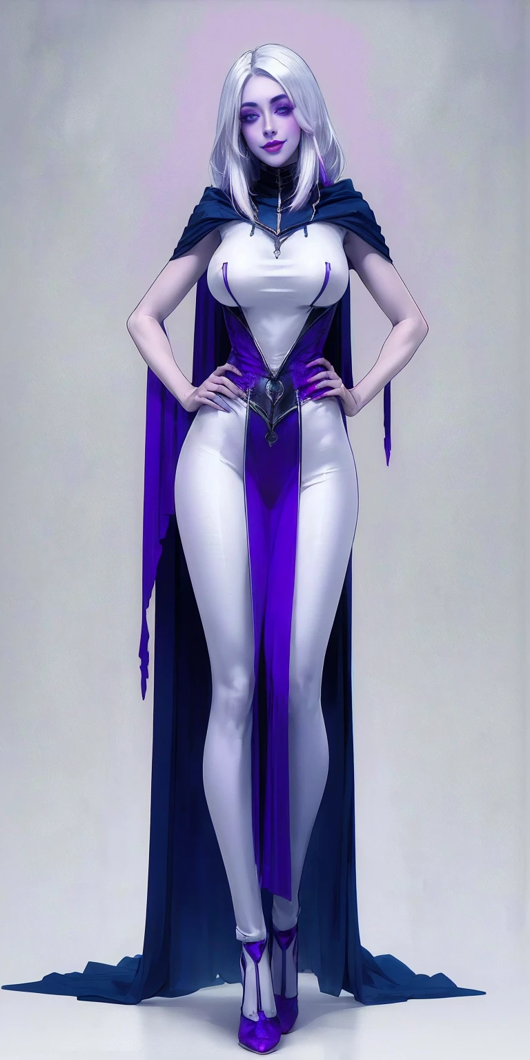(olofemale full body with knockers covered standing straight symmetrical, hands on hips) (smile purple makeup) grayscale skin, pale golden hair and violet eyes. She prefer clothing of white and silver with cloaks of deep blue or purple, blue or purple background (Masterpiece, highres, 4k, very precise detailed)